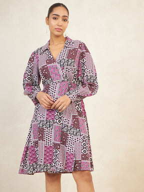 Purple Scarf Printed Shirt Midi Dress