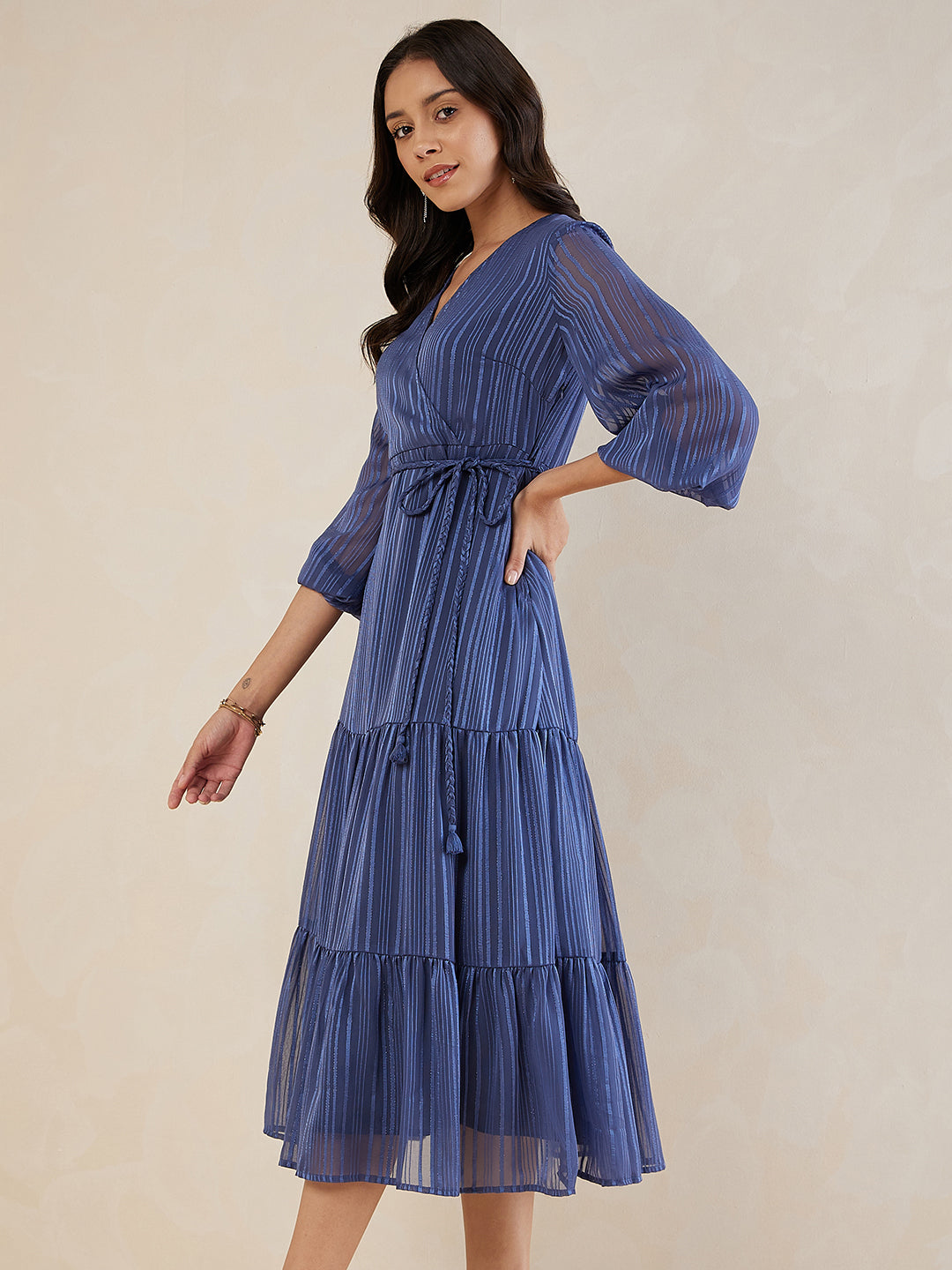 Blue Textured Wrap Tiered Maxi Dress