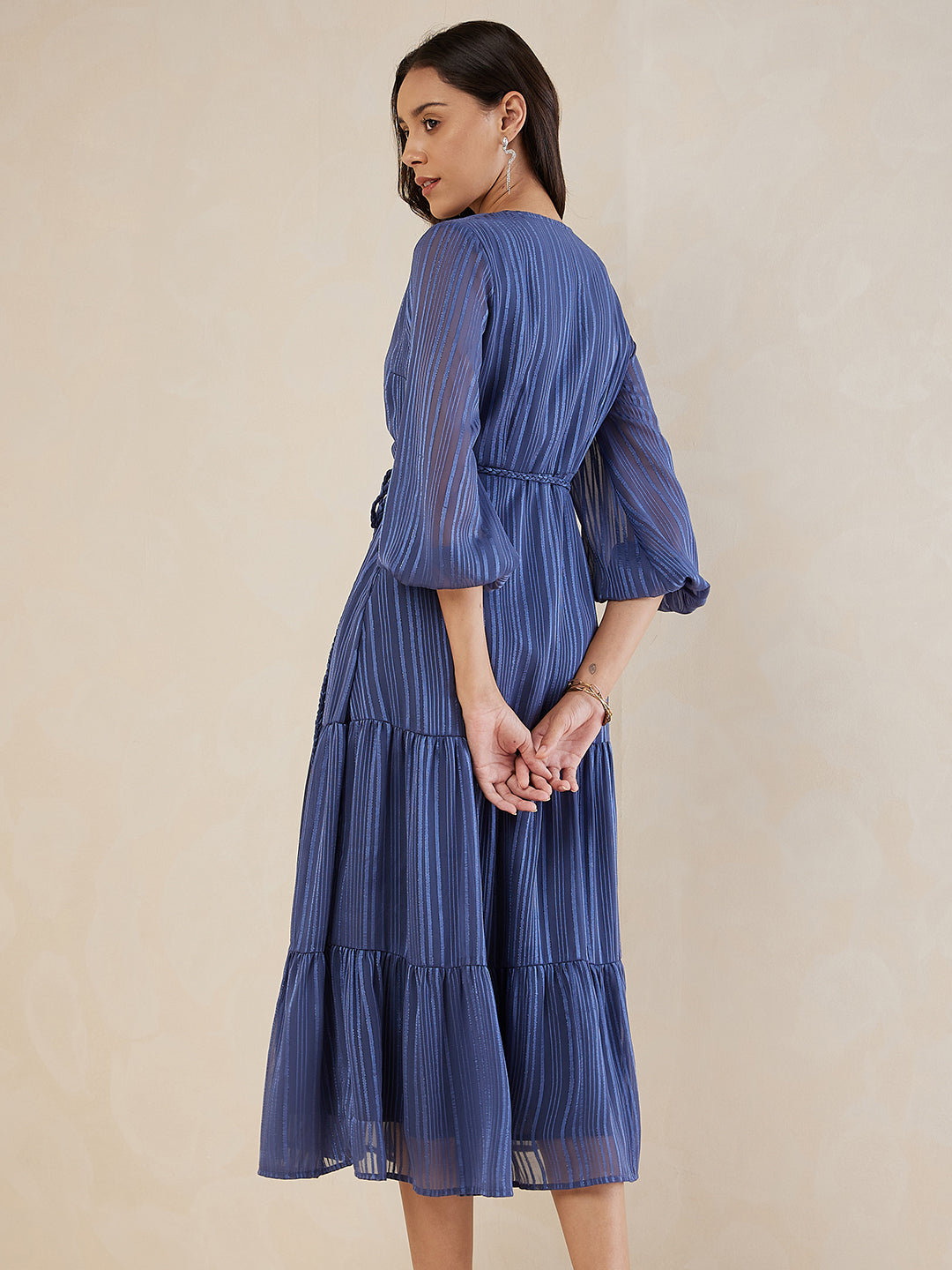 Blue Textured Wrap Tiered Maxi Dress