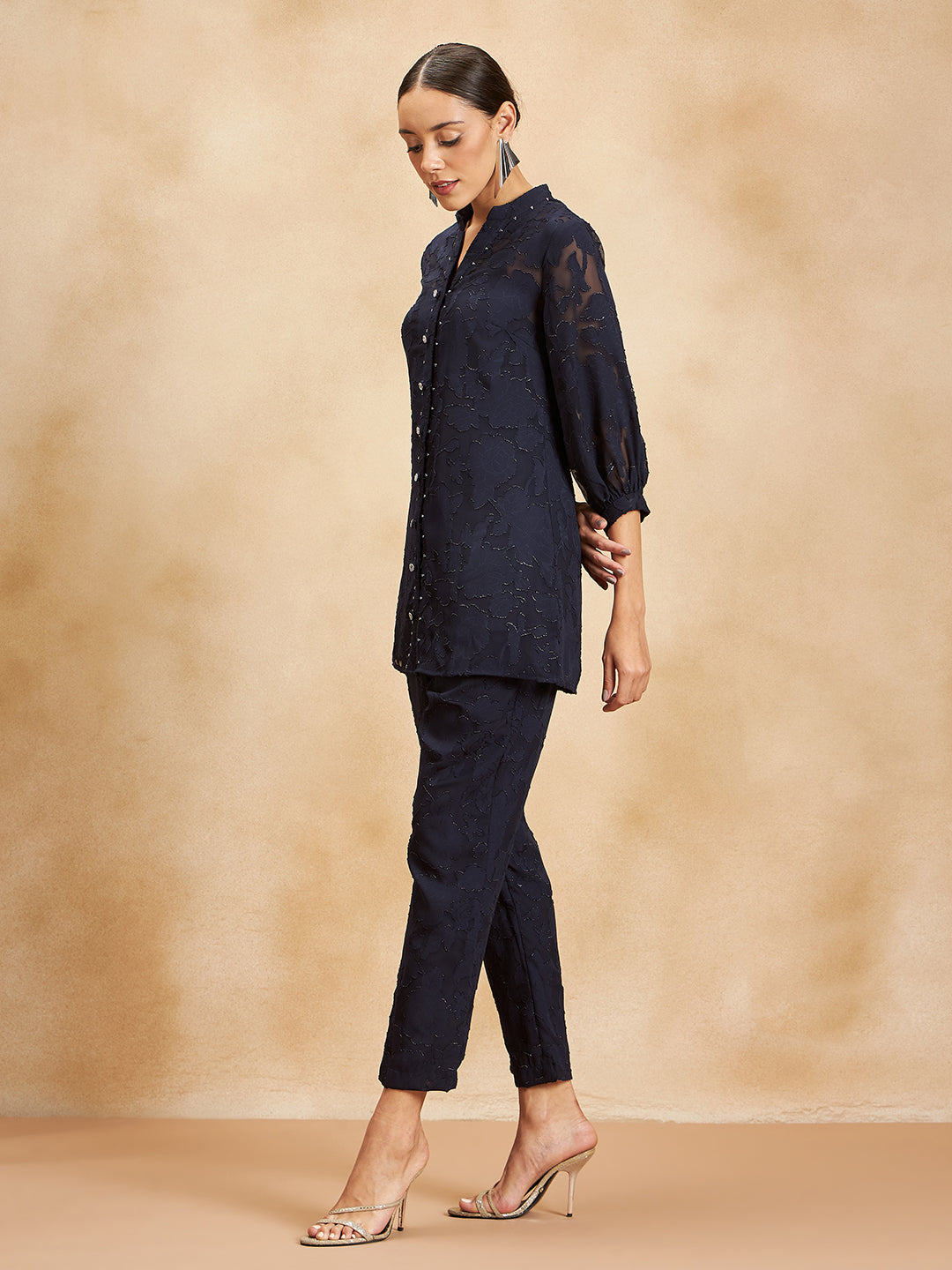 Navy Jacquard Lurex Beaded Button Detail Coord Set
