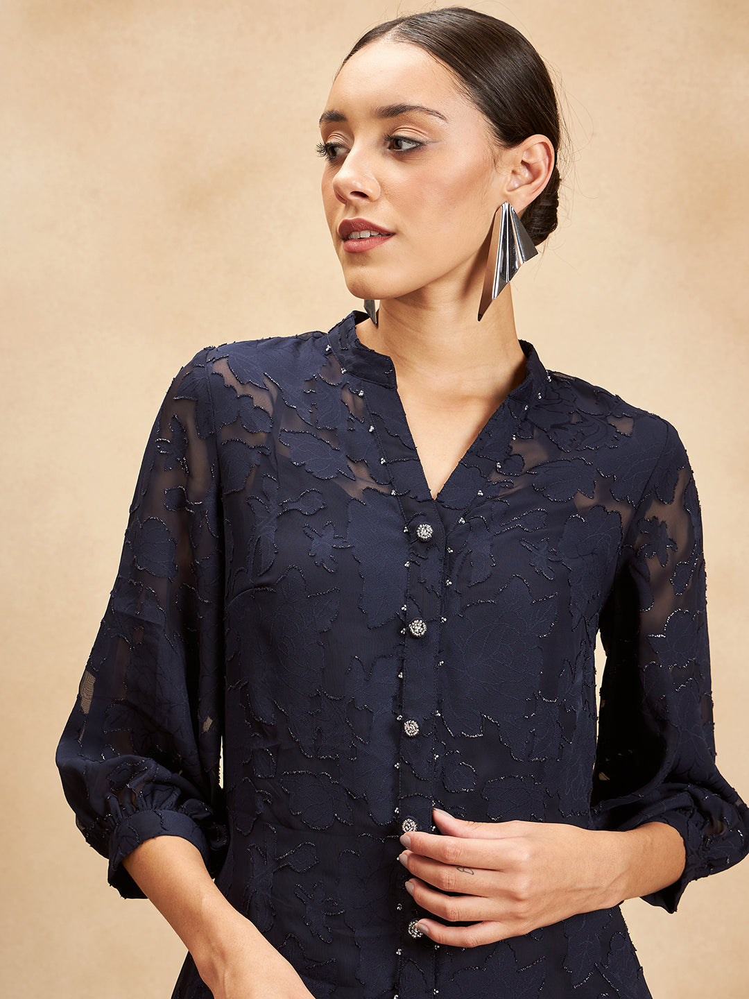 Navy Jacquard Lurex Beaded Button Detail Coord Set