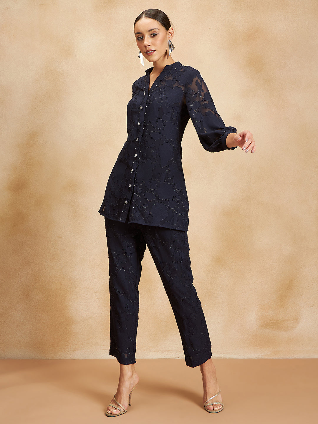 Navy Jacquard Lurex Beaded Button Detail Coord Set