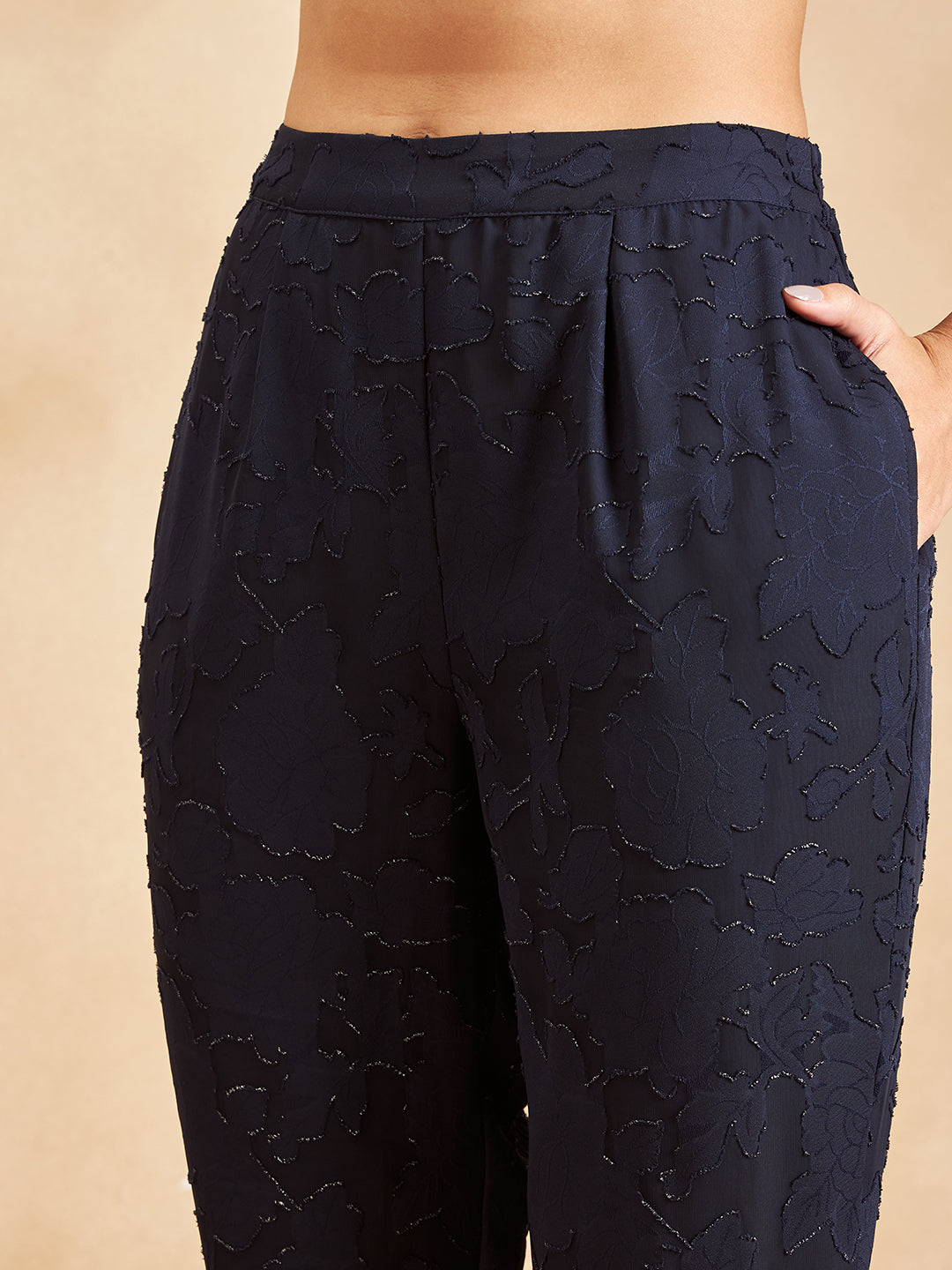 Navy Jacquard Lurex Beaded Button Detail Coord Set