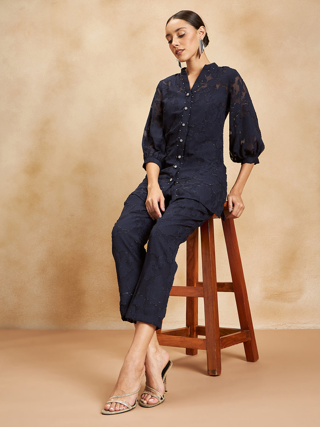 Navy Jacquard Lurex Beaded Button Detail Coord Set