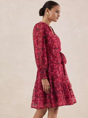 Red Floral Print Tiered Knee Length Dress