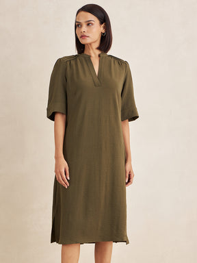 Olive Crinkle Pleat Detail Midi Dress