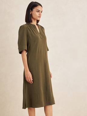 Olive Crinkle Pleat Detail Midi Dress