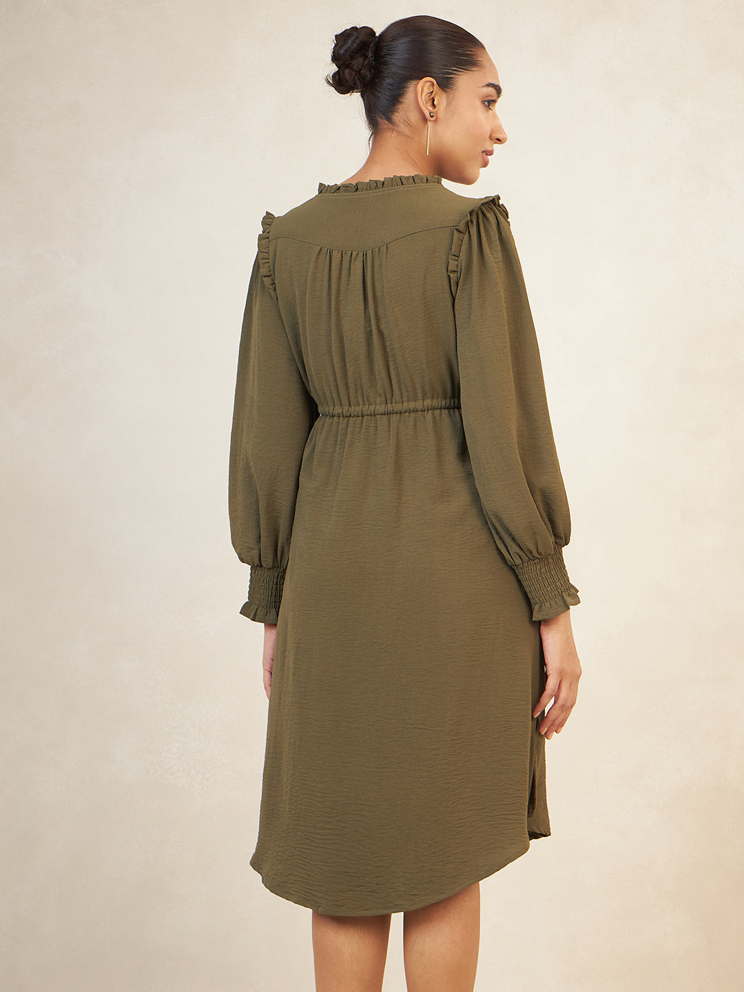 Olive Crinkle Drawstring Detail Midi Dress