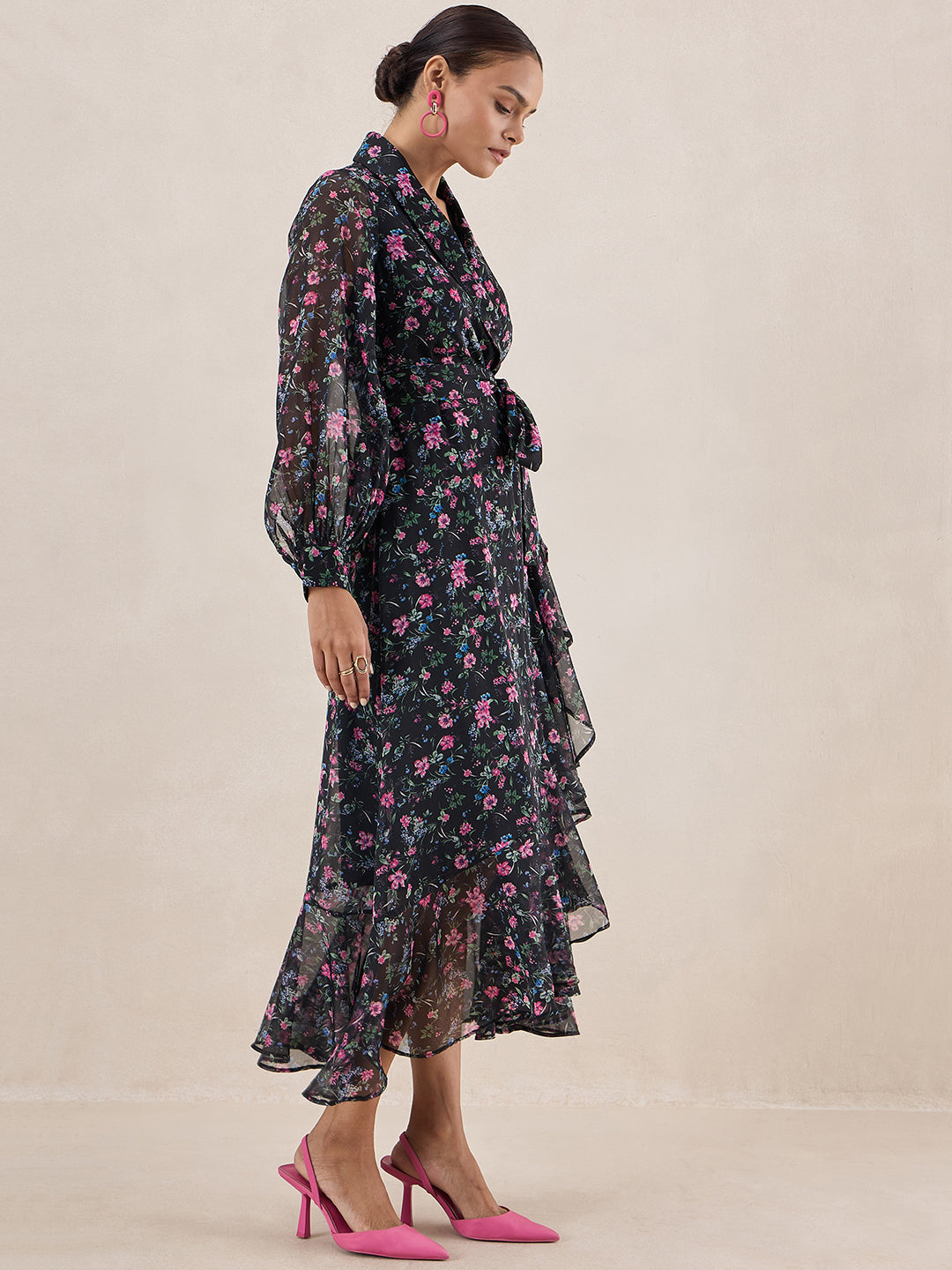 Black Floral Print Wrap Maxi Dress