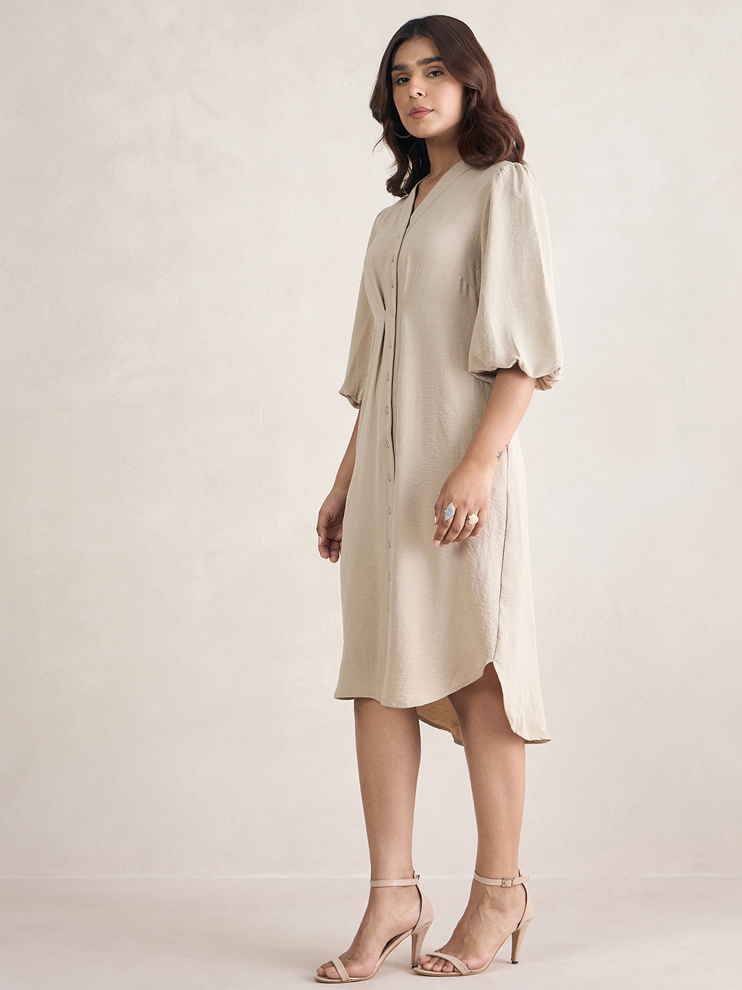 Beige Button Down Midi Dress