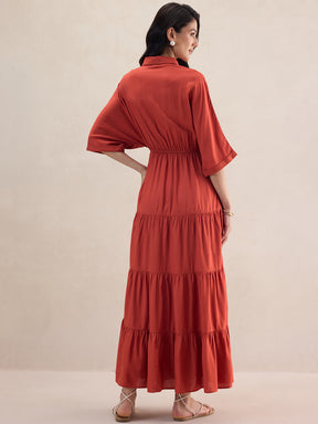 Rust Kimono Sleeve Tiered Maxi Dress