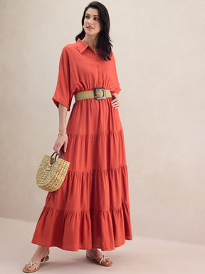 Rust Kimono Sleeve Tiered Maxi Dress