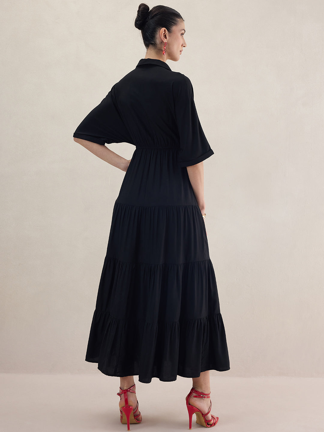 Black Kimono Sleeve Tiered Maxi Dress
