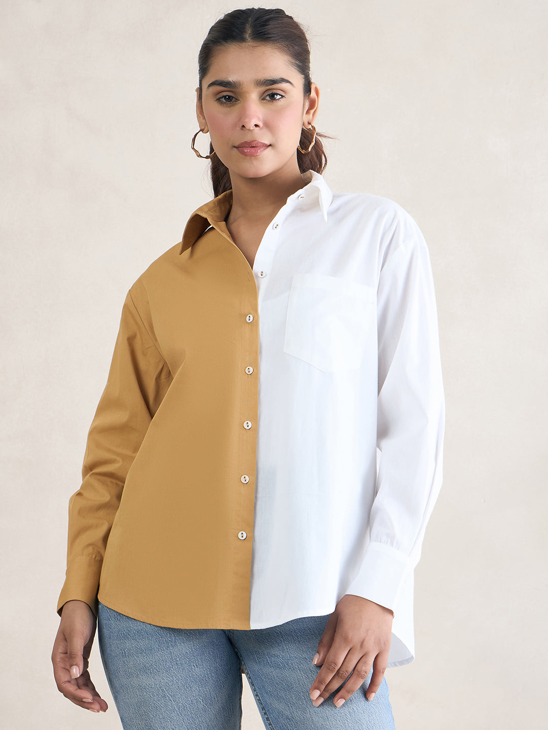 Tan And White Colorblock Shirt