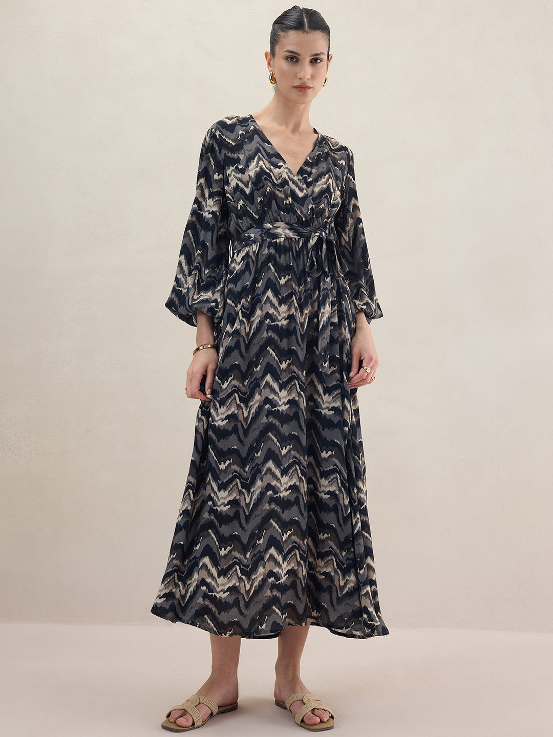 Black Abstract Printed Wrap Maxi Dress