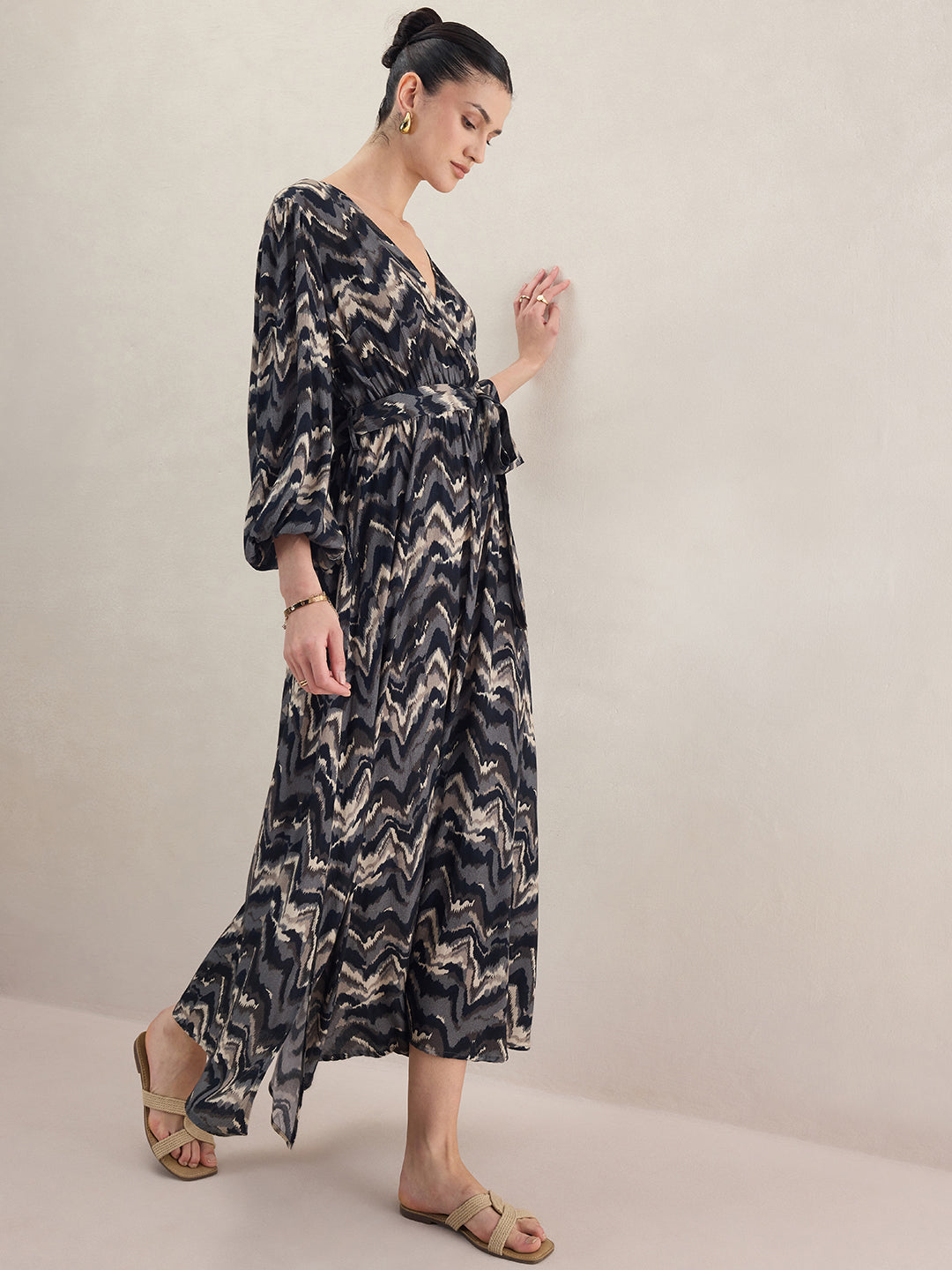 Black Abstract Printed Wrap Maxi Dress