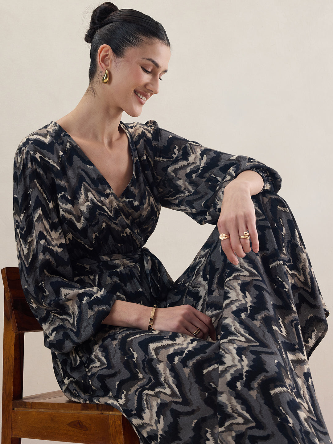 Black Abstract Printed Wrap Maxi Dress