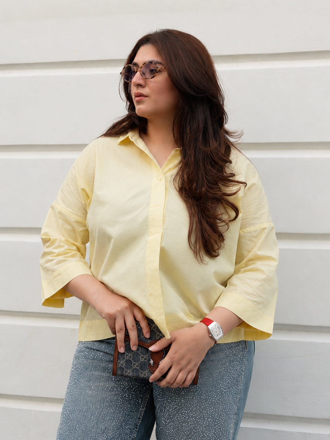 CrispCotton Butter Yellow Pleat Detail Shirt