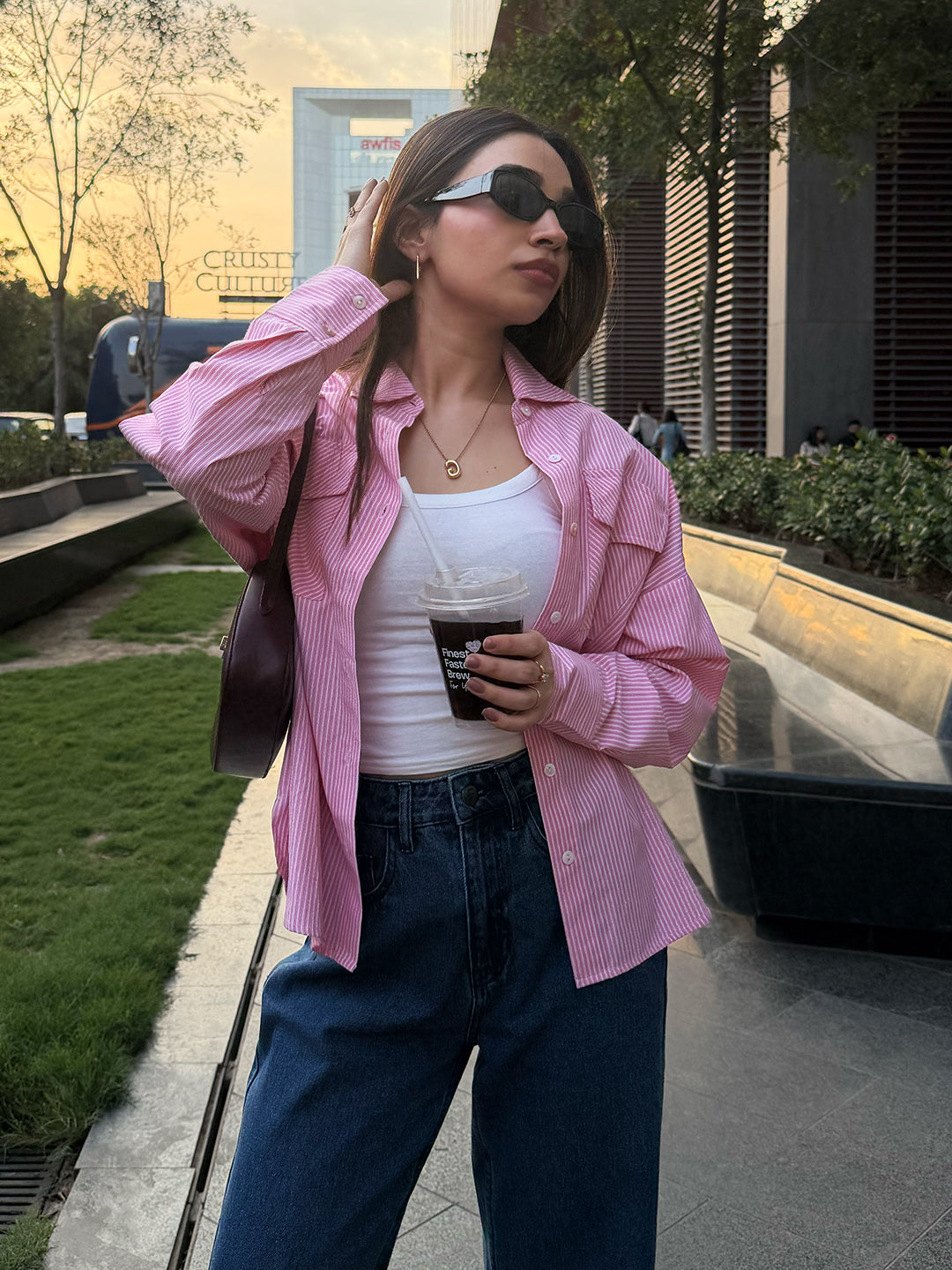 Pink Stripe Dual Pocket Oversized Shirt