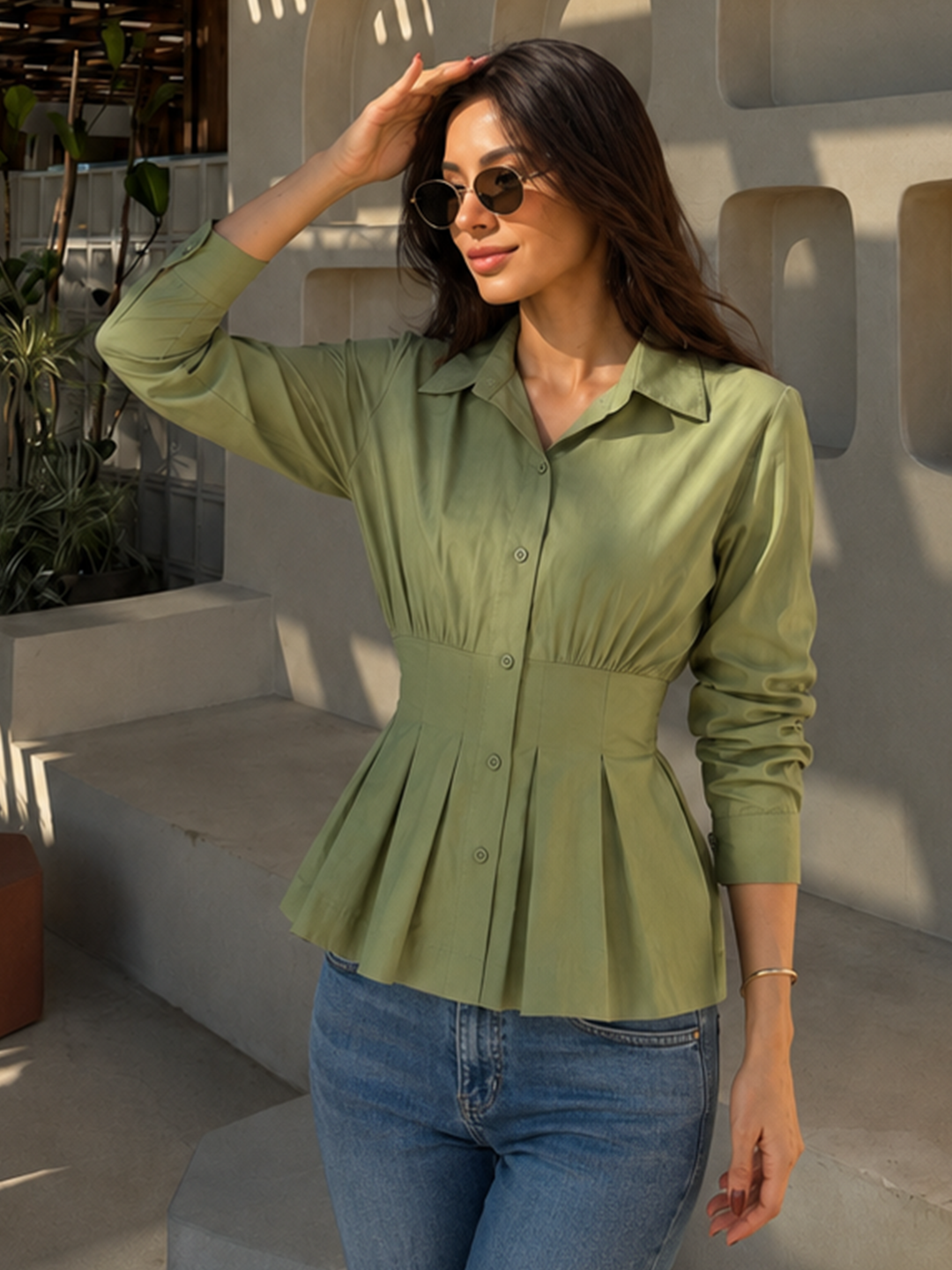CrispCotton Sage Cinched Waist Shirt
