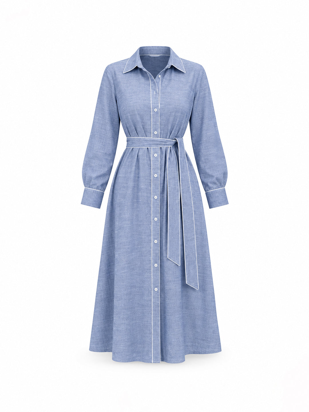 Blue Chambray Colorblock Shirt Midi Dress