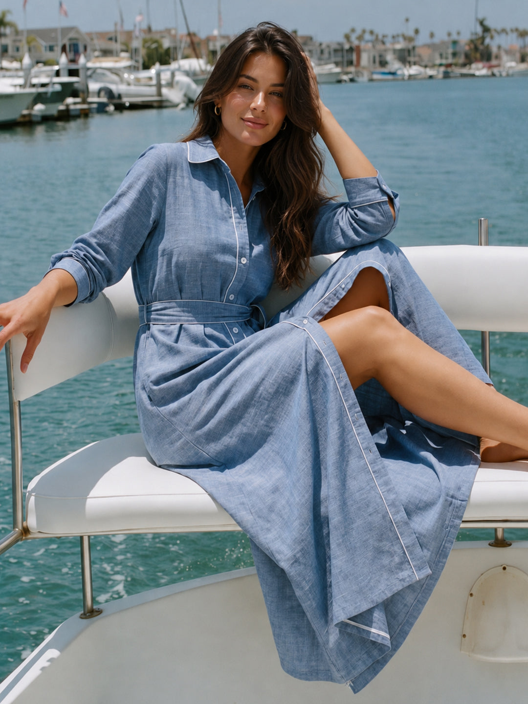 Blue Chambray Colorblock Shirt Midi Dress