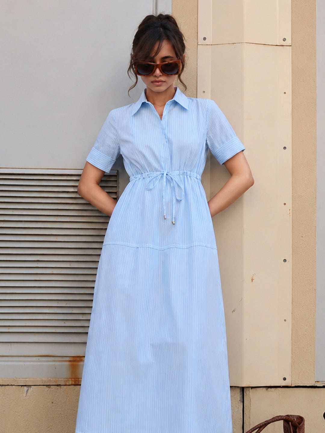 Blue Stripe Half Zip-Up Maxi Dress