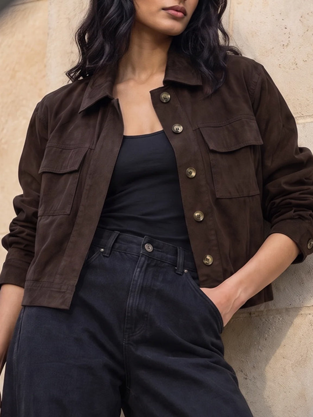 Coffee Brown Twill Crop Jacket