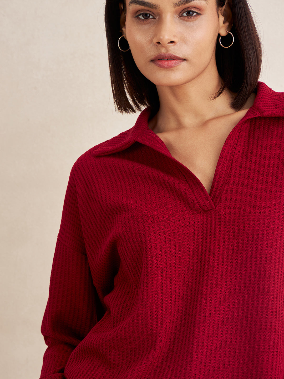Red Waffle Knit Collar Detail Co-Ord Set