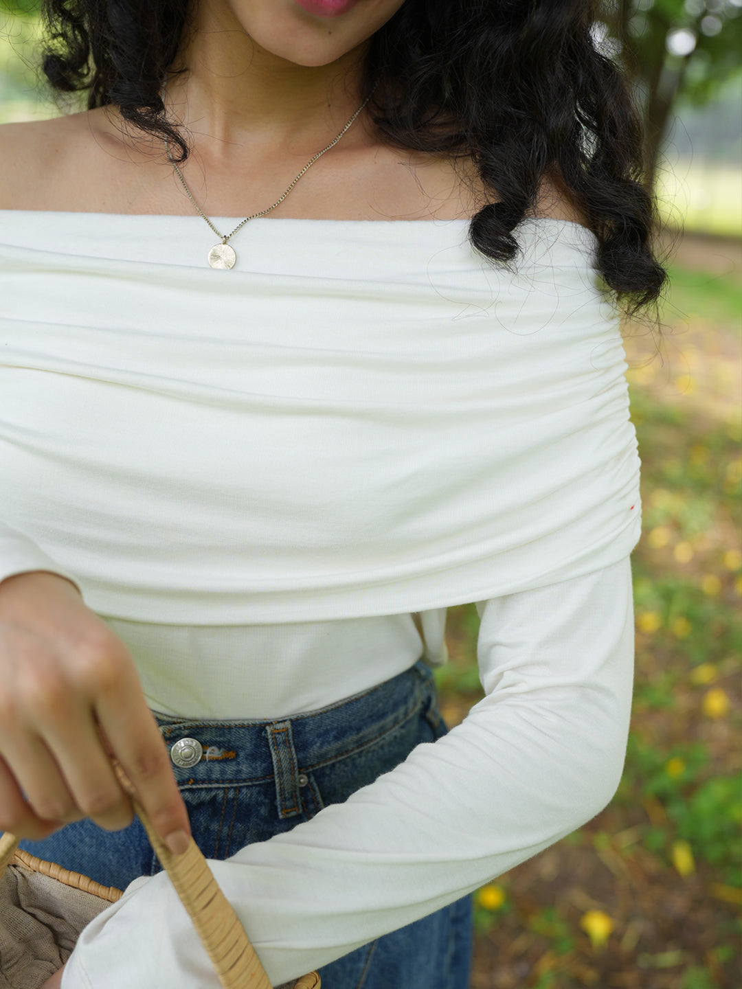 Bamboo White Knit Off Shoulder Top