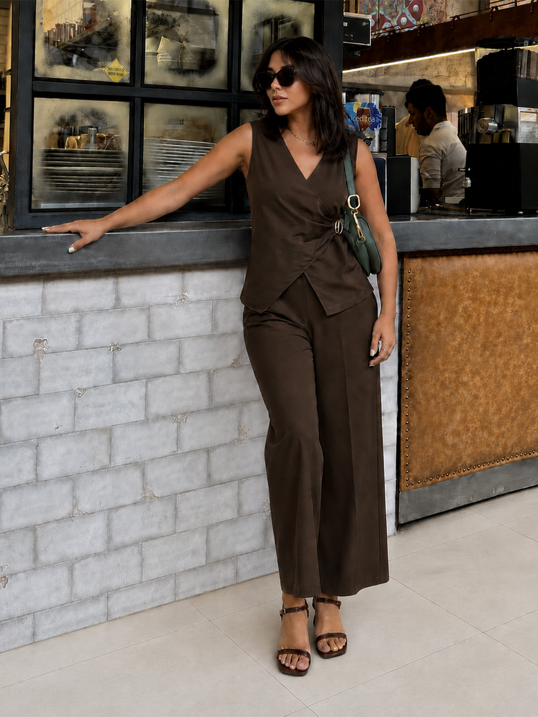 TrueStretch Brown Wrap Top Co-ord