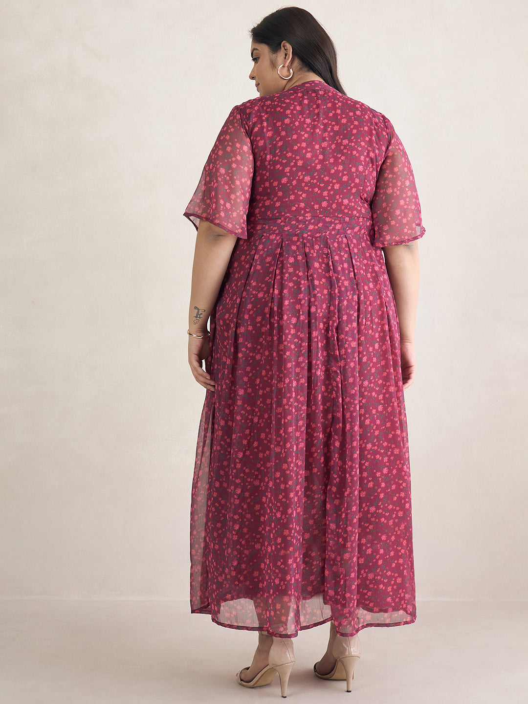 Wine Floral Print Wrap Maxi Dress