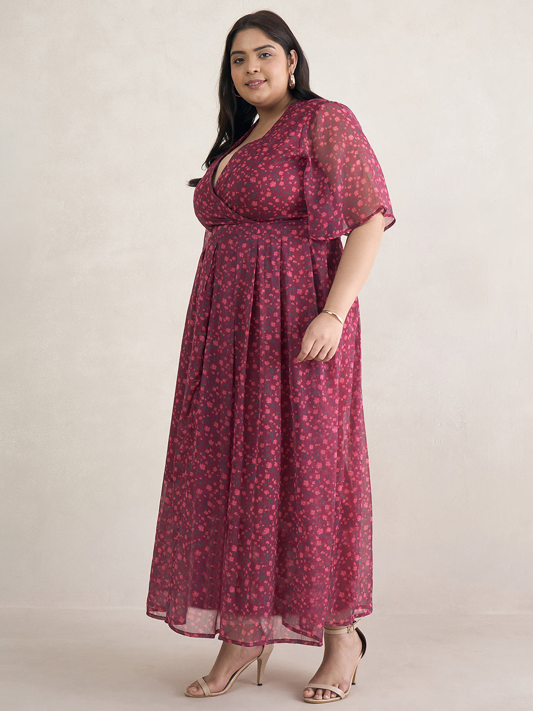 Wine Floral Print Wrap Maxi Dress