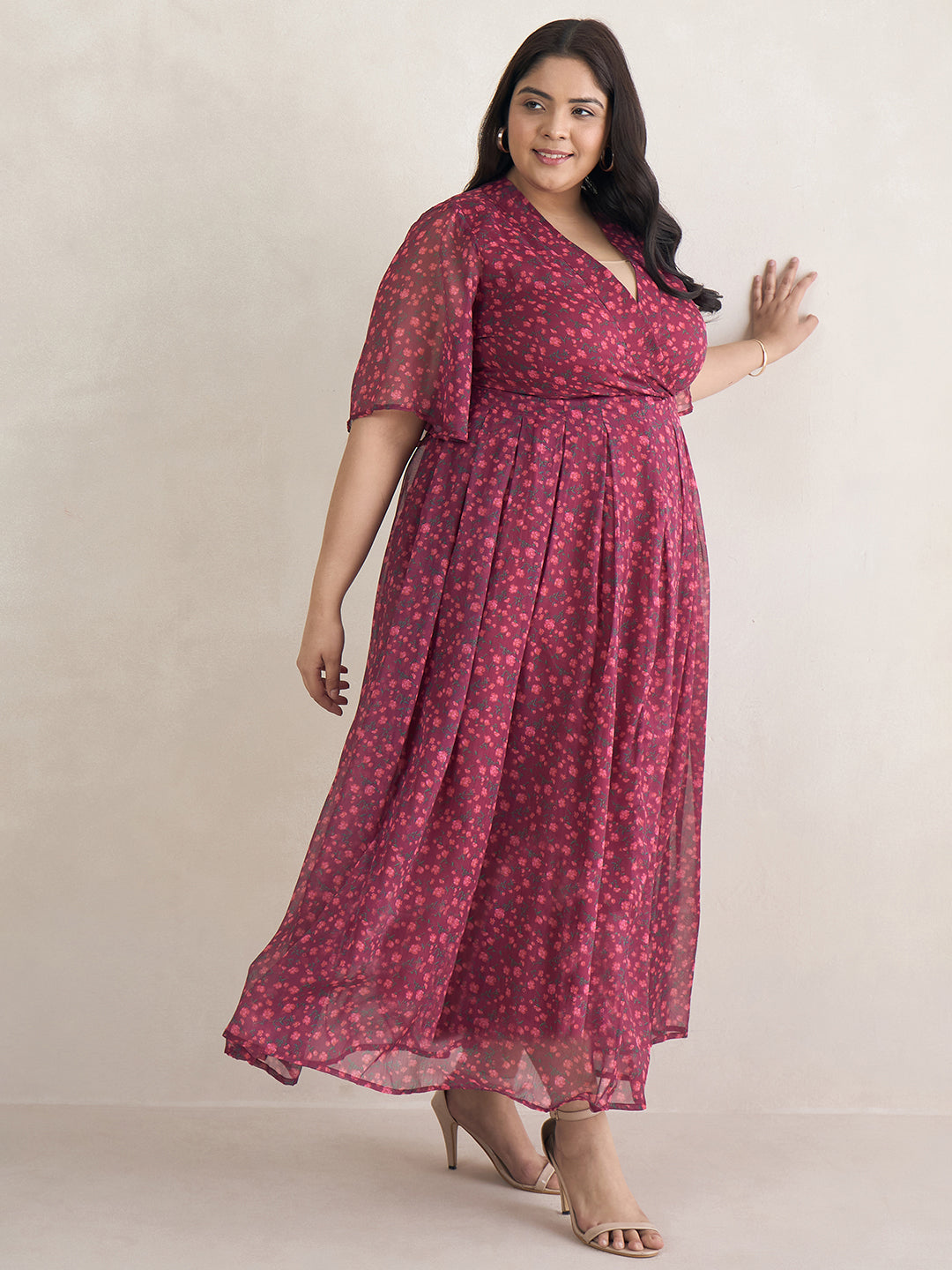 Wine Floral Print Wrap Maxi Dress