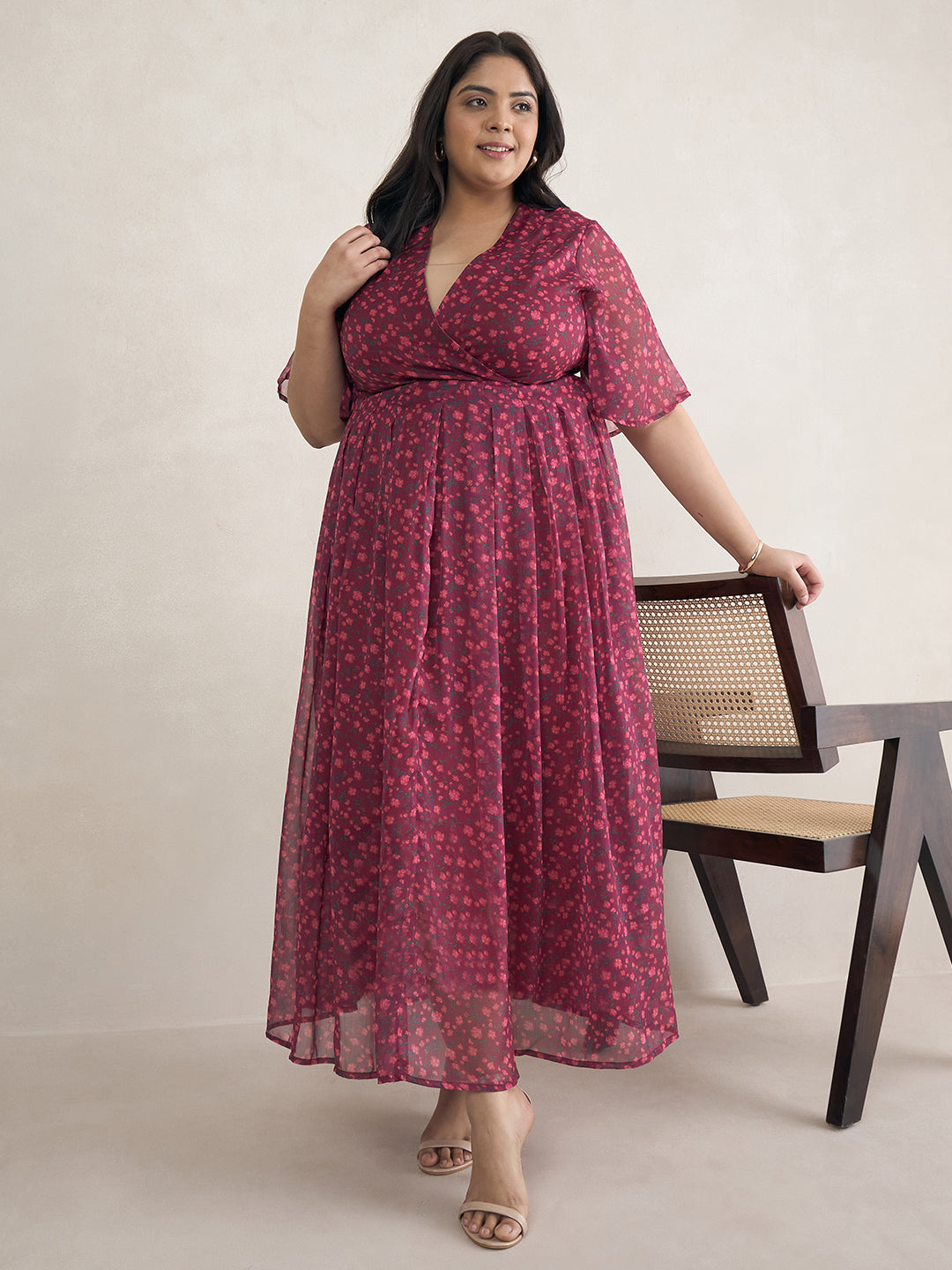 Wine Floral Print Wrap Maxi Dress