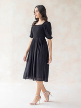 Black Crinkled Smocked Midi Dress