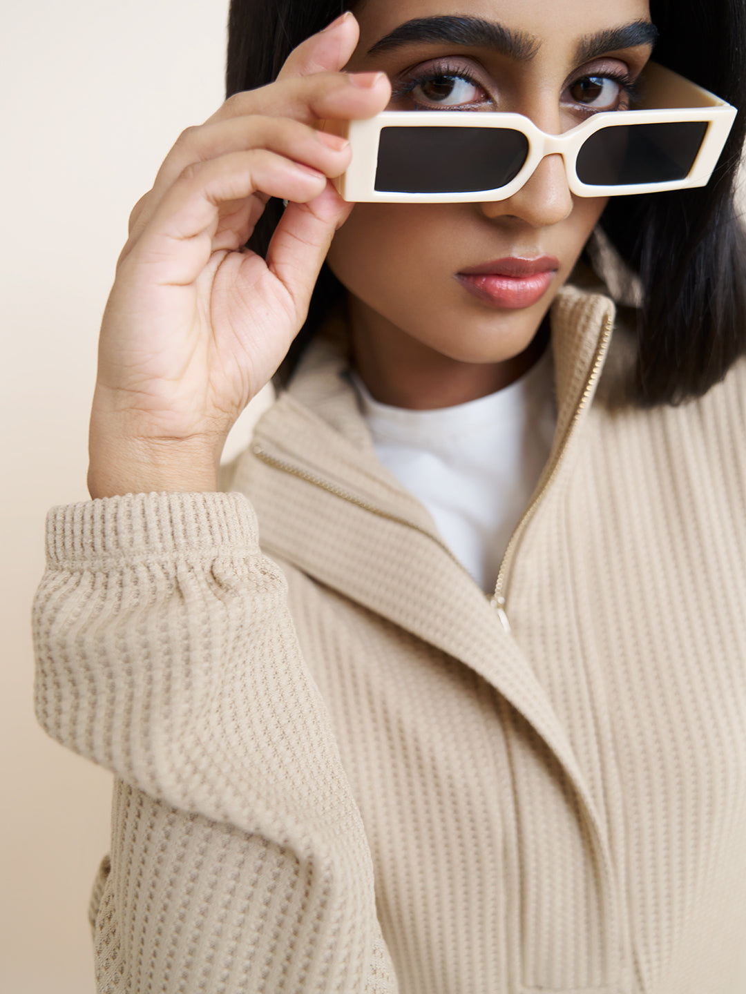 Beige Waffle Knit Zip Up Top