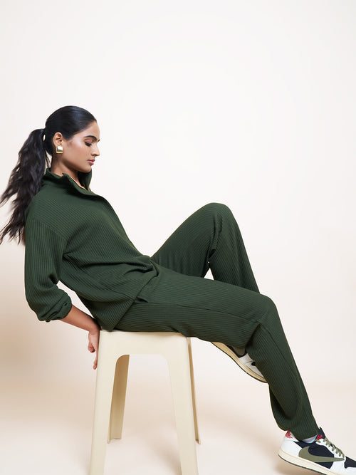 Olive Waffle Knit Straight Pants