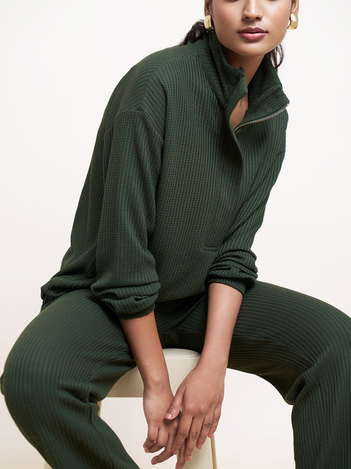 Olive Waffle Knit Zip Up Top