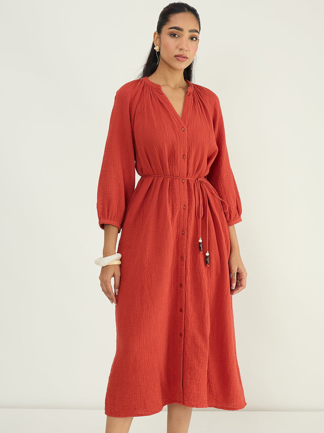 CloudComfort Gauze Rust Midi Dress