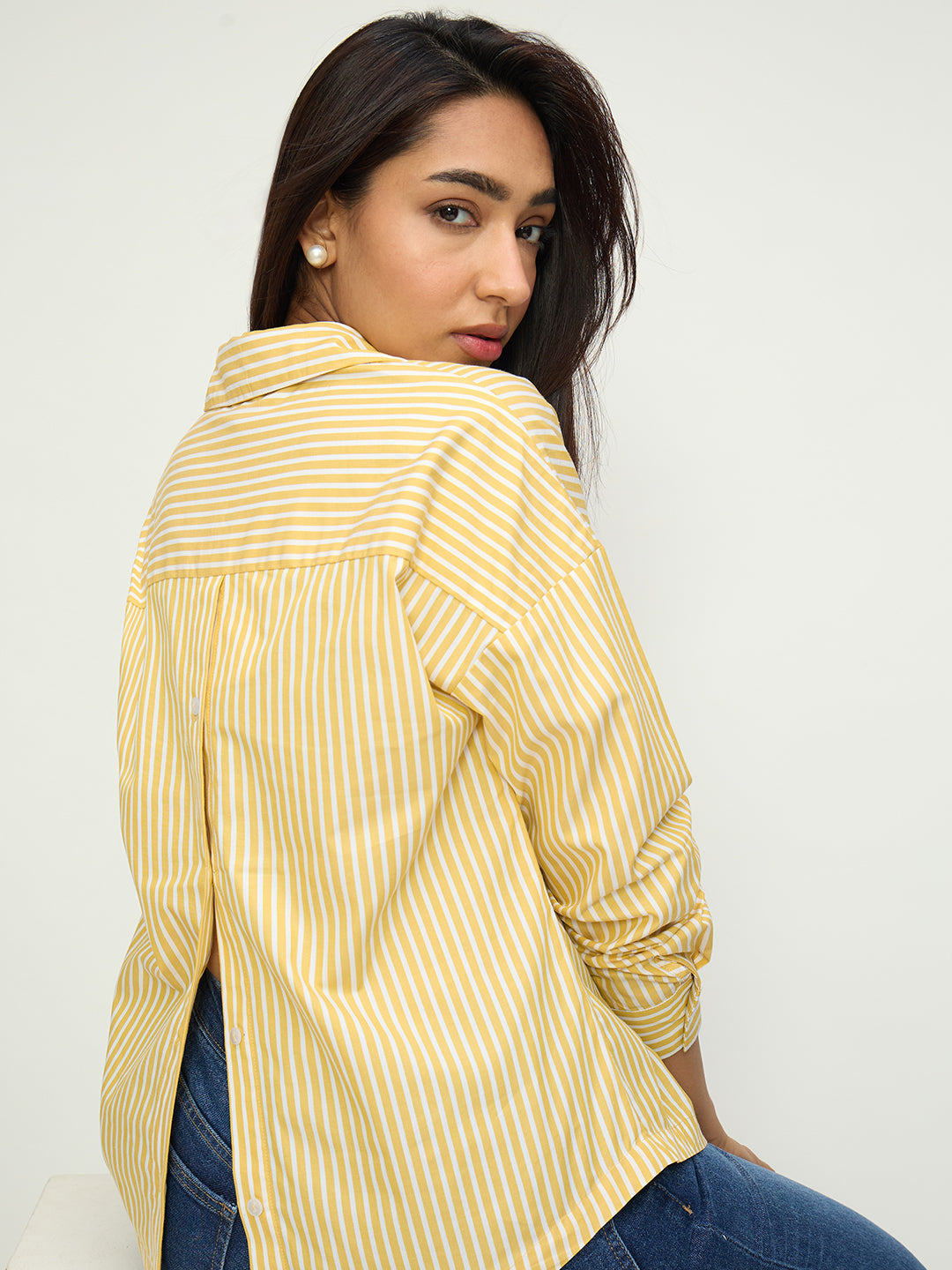 Yellow Stripe Back Button Detail Shirt