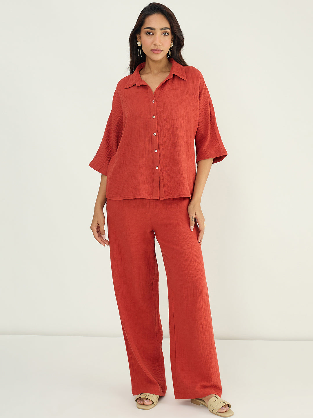 Rust Cotton Gauze Button Down Co-Ord Set