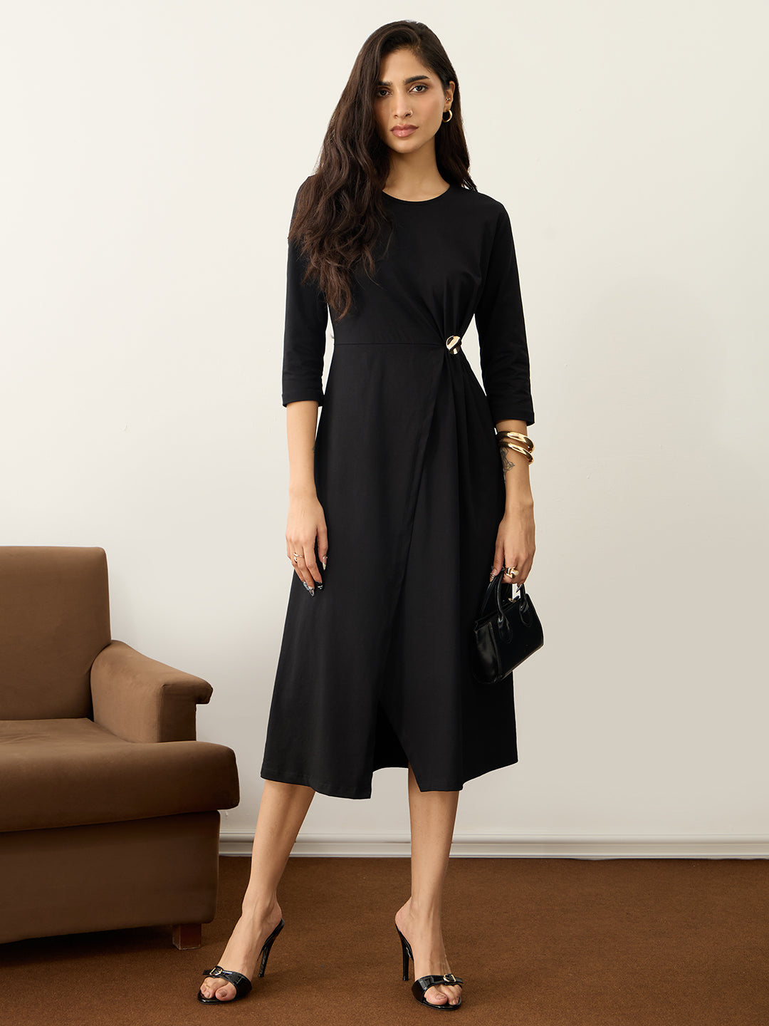 TrueStretch Black Button Detail Midi Dress