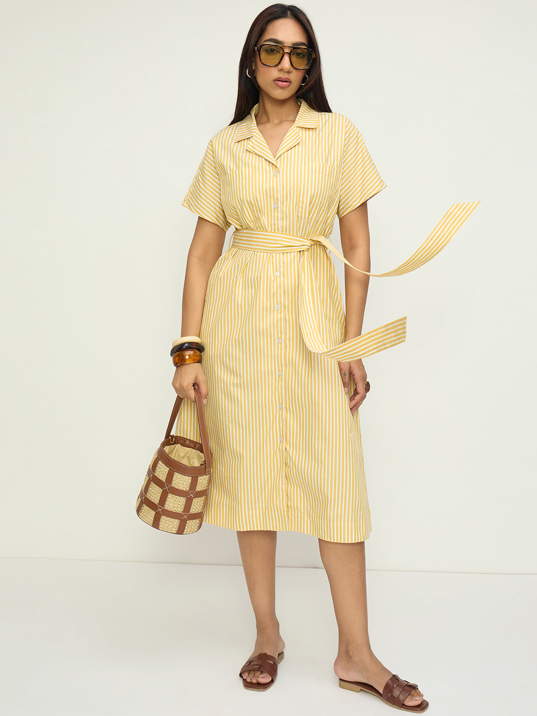 Yellow Stripe Button Down Midi Dress