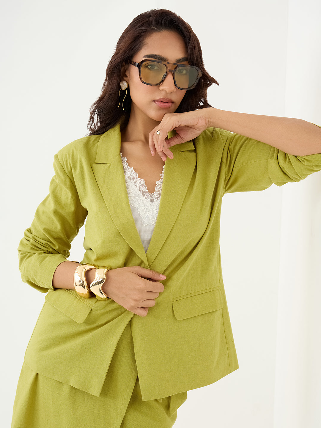 Citrine Green Oversized Linen Blazer