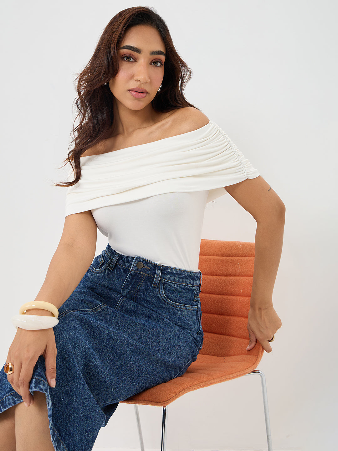 Bamboo White Knit Off Shoulder Top