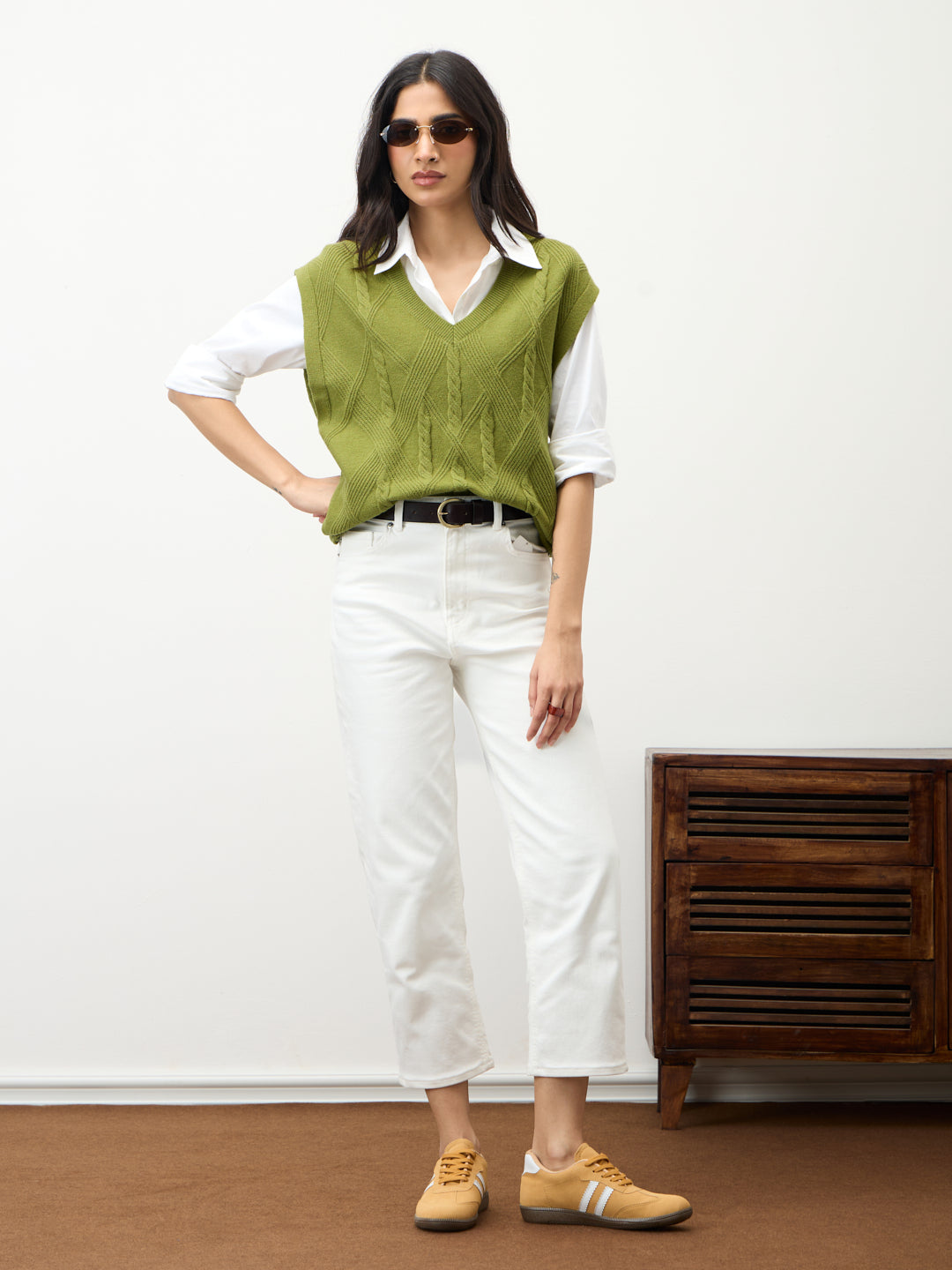 Citrine Green Cable Knit Sweater Vest