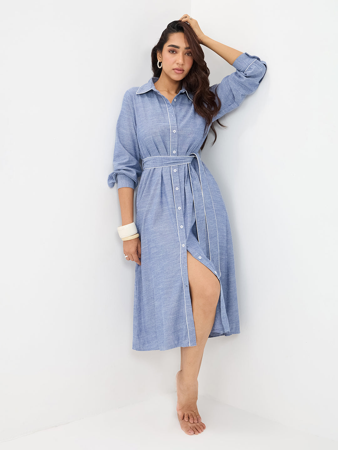Blue Chambray Colorblock Shirt Midi Dress
