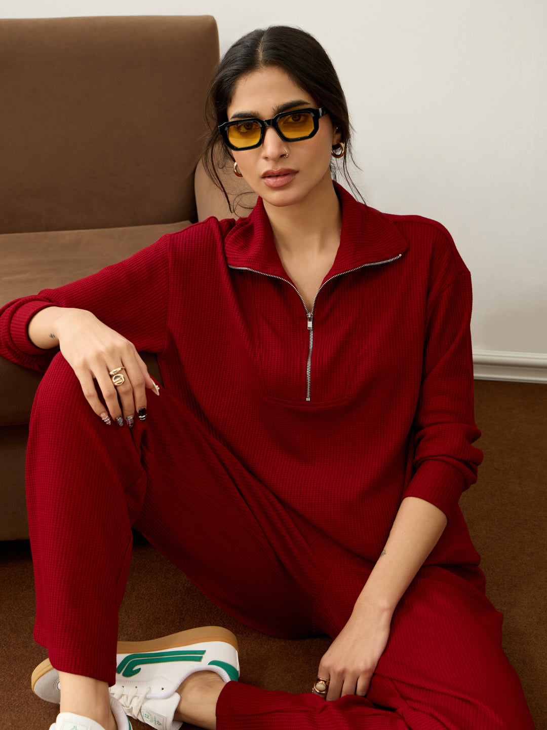 Deep Red Waffle Zip Yoke Detail Co-Ord Set