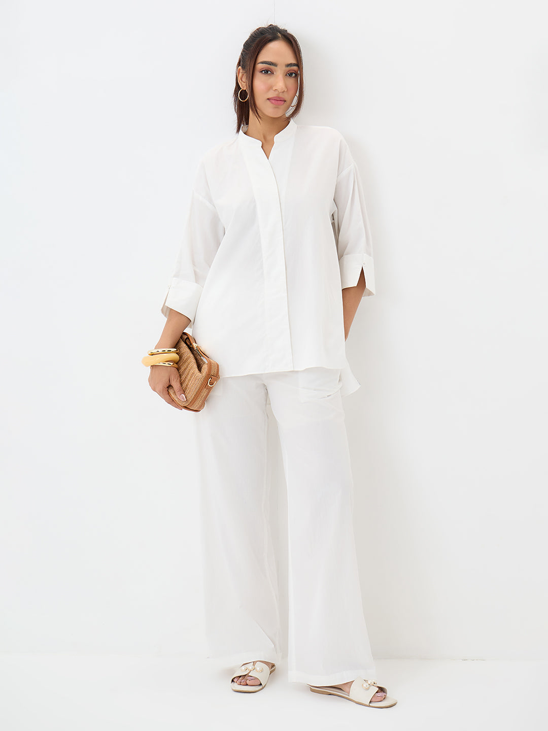 White Poplin Longline Shirt And Pants Co-Ord